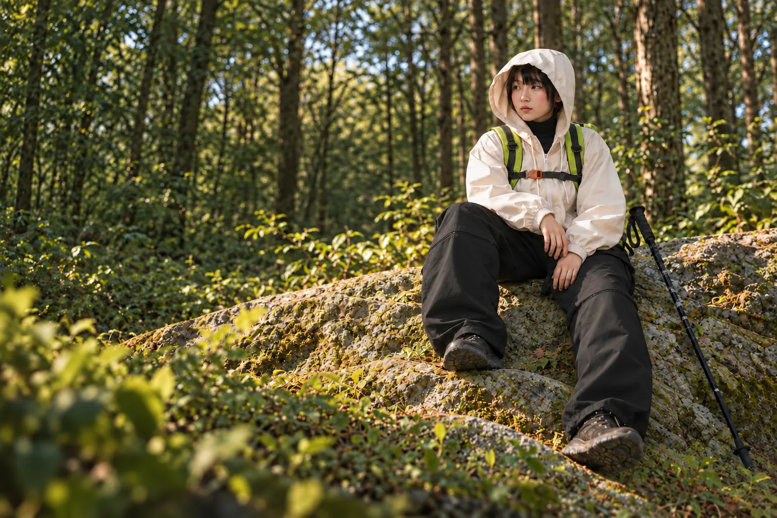 Người đi trekking mặc áo khoác mũ trùm màu kem và quần cargo ống rộng màu đen, ngồi nghỉ trên tảng đá phủ rêu trong rừng (ảnh minh họa tạo bằng AI)